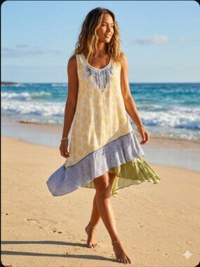 Yellow Sunburst Sleeveless Dress with Blue Embroidery
